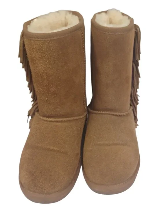 Minnetonka Camel Brown Suede Moccasin Booties with Fringe Size 6 - Picture 2 of 7